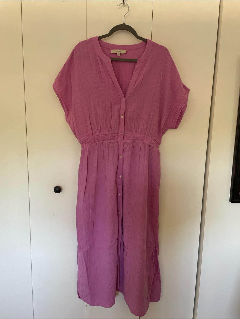 LOFT Pink Button-Front Midi Dress